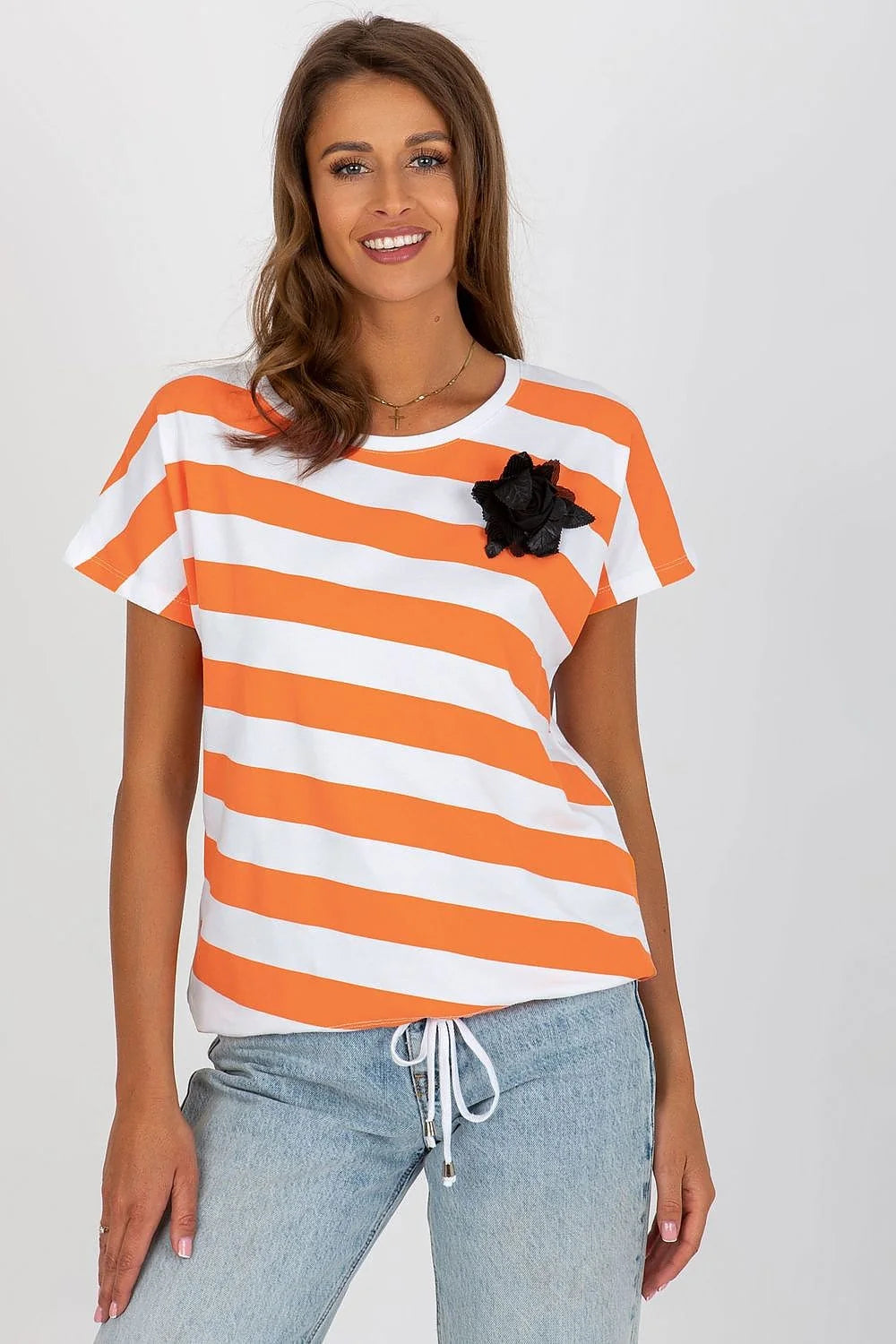 Chemisier pour femmes à manches courtes encolure ronde rayures colorées fleur broche coton élasthanne tailles universelles