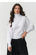 pull femme col roulé oversize court maille tricotée blanche manches longues bouffantes poignets bordcotes viscose PBT nylon doux