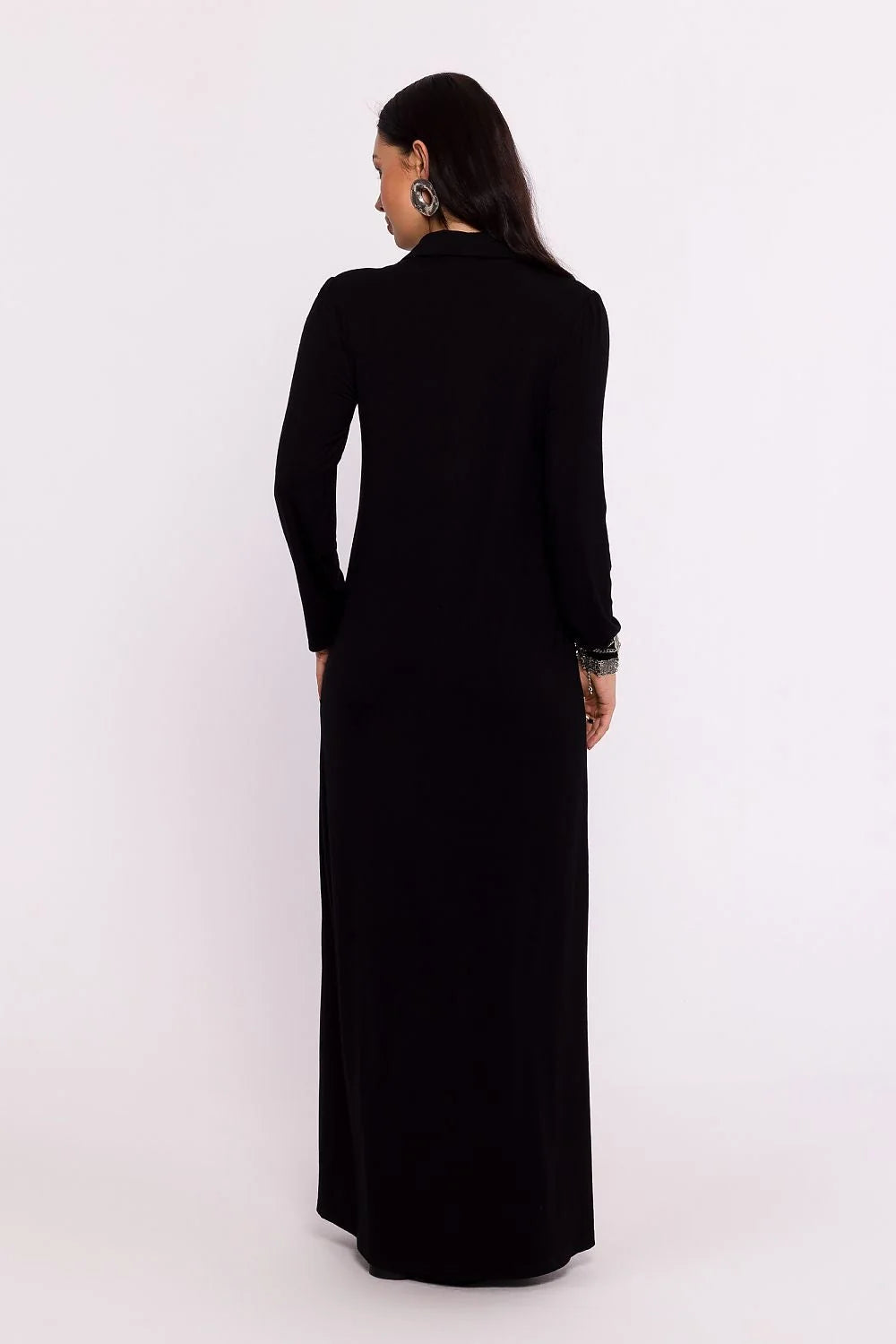 Robe de jour élégante longue manches longues col chemise noire haute qualité femme polyvalente