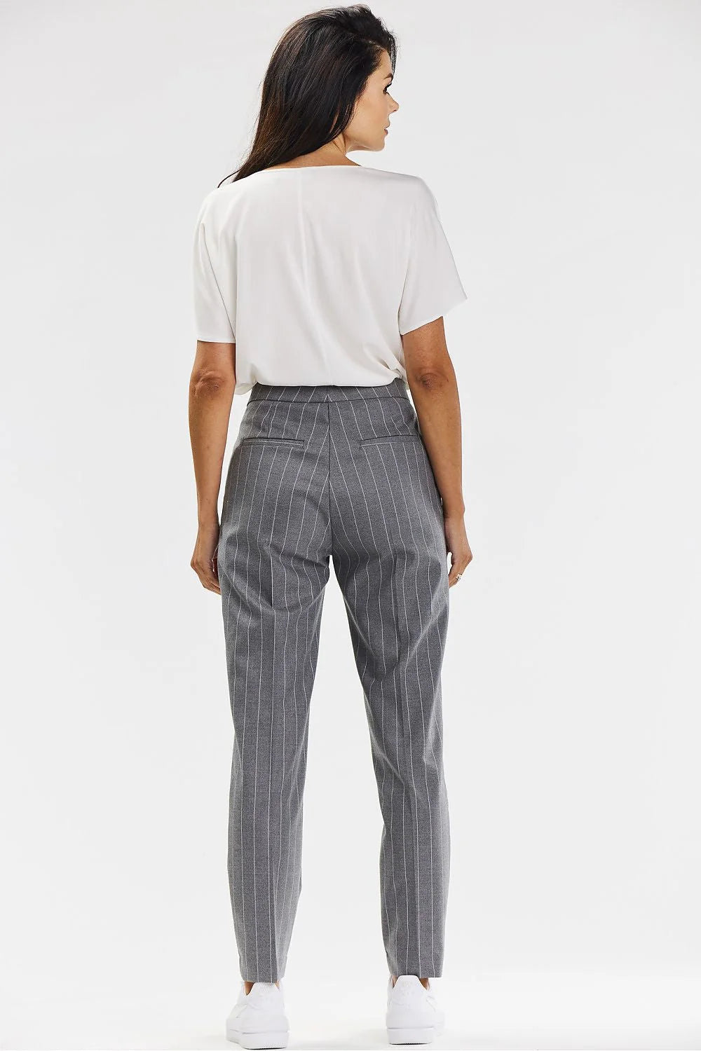 Pantalon cigarette femme Awama rayures gris-blanc coupe ajustée hauteur taille intégrée occasion formelle décontractée viscose haute qualité