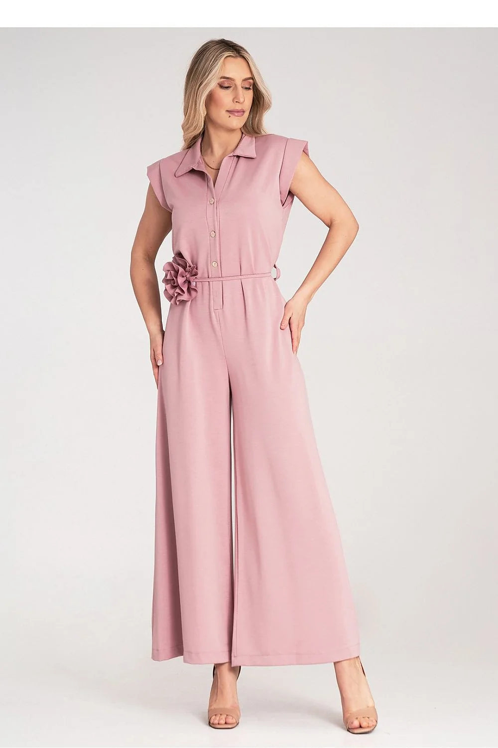Figl combinaison palazzo rose poudré sans manches col chemise épaules structurées ceinture fine fleur viscose polyester élasthanne fluide