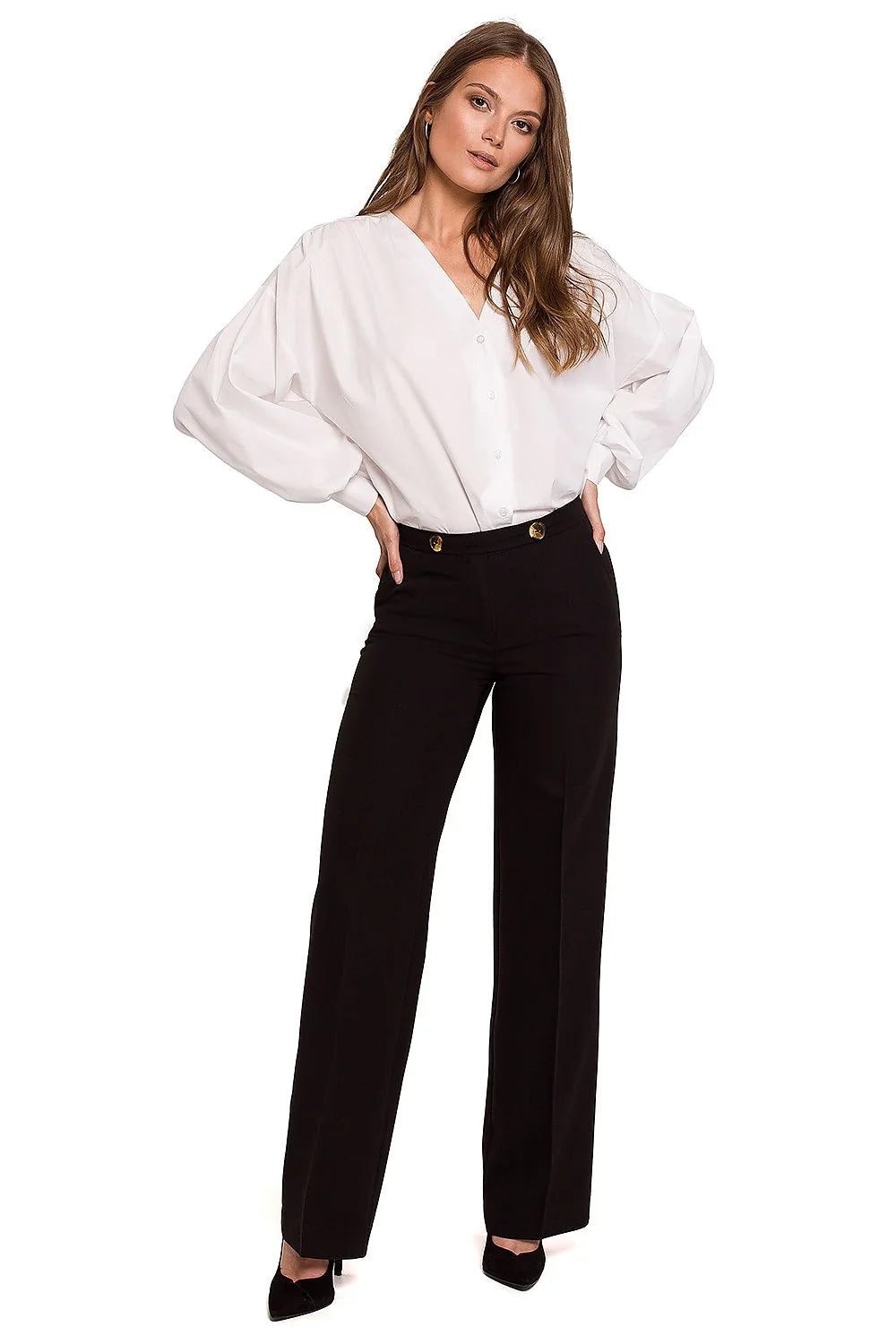 Pantalon Makover long droit taille haute structuré stretch élasthanne polyester rayon confortable ajusté élégant professionnel intemporel boutons dorés ourlets