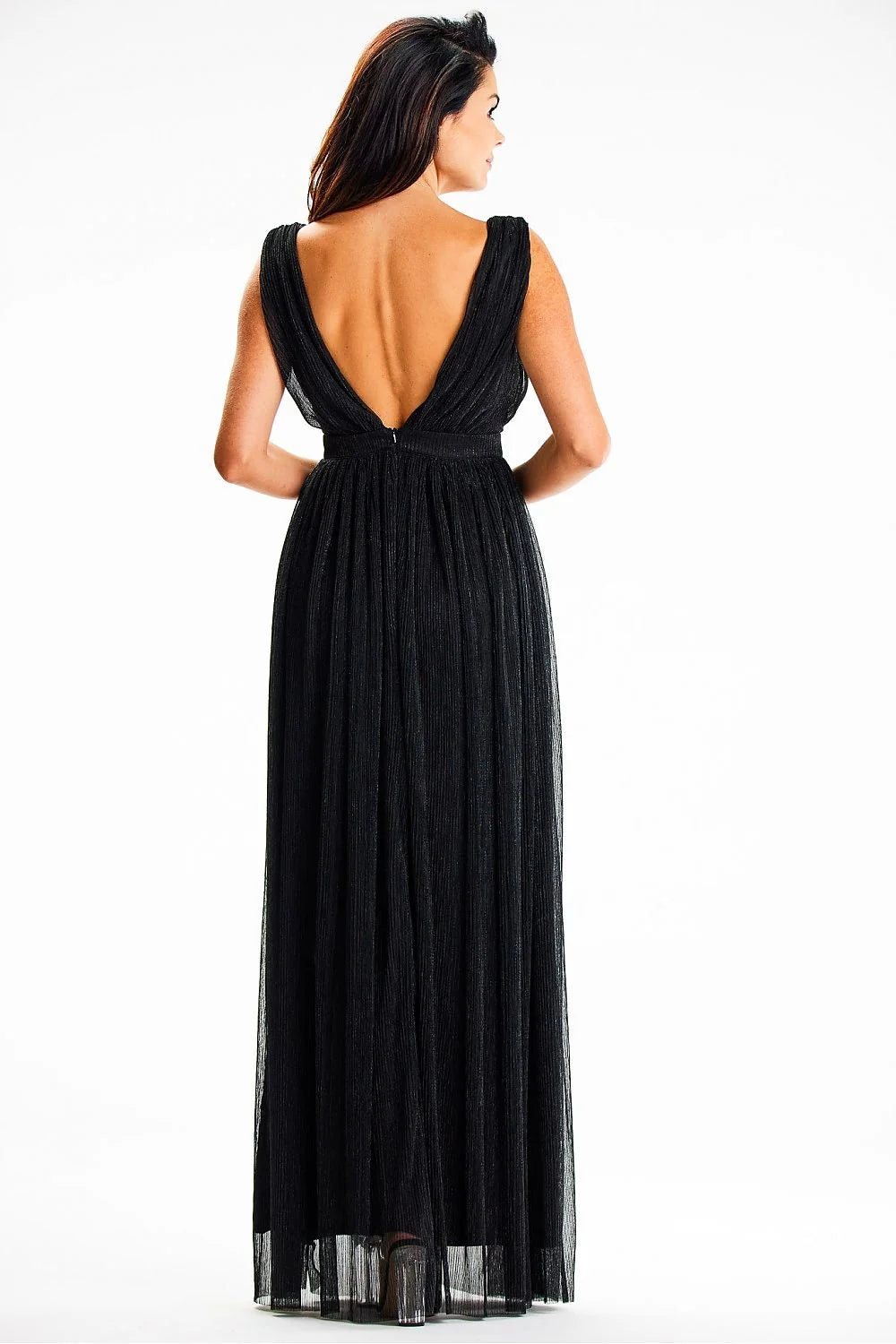 Robe de soirée élégante longue sans manches décolleté dos nu fente haute maille brillante noire taille ajustable femme