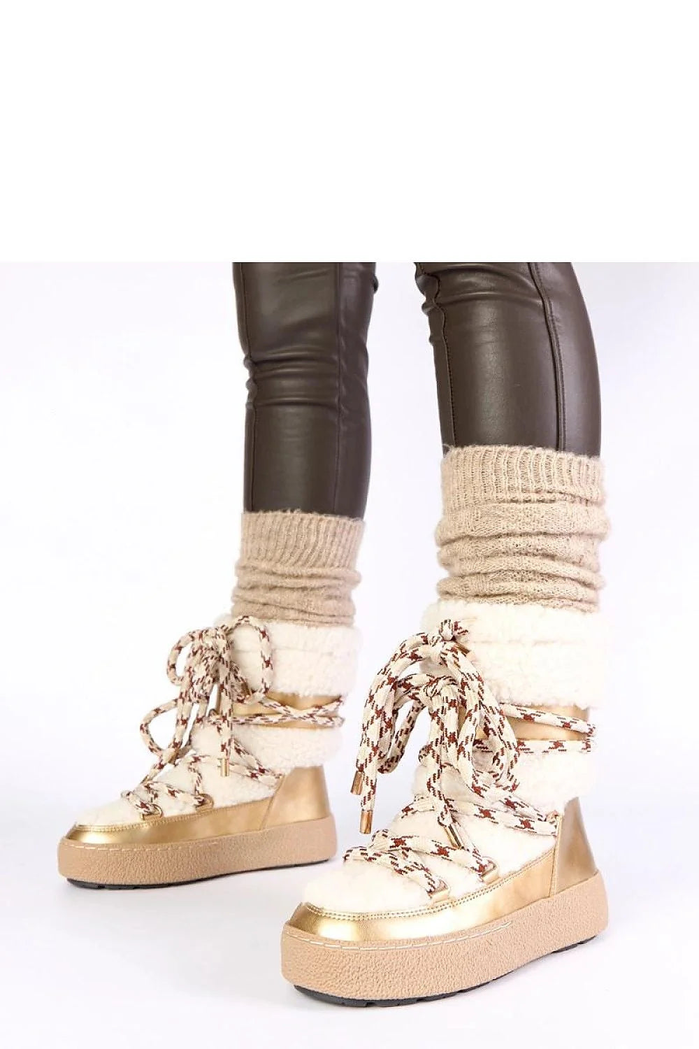 bottes neige fourrure fausse lacées cuir écologique douces cosy aprèsski tige19cm plateforme4cm semelle antidérapante caoutchouc rembourrées dorées