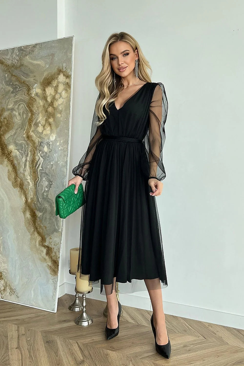Robe de soirée élégante longueur midi manches longues transparence brocart vert émeraude femmes soirée formelle