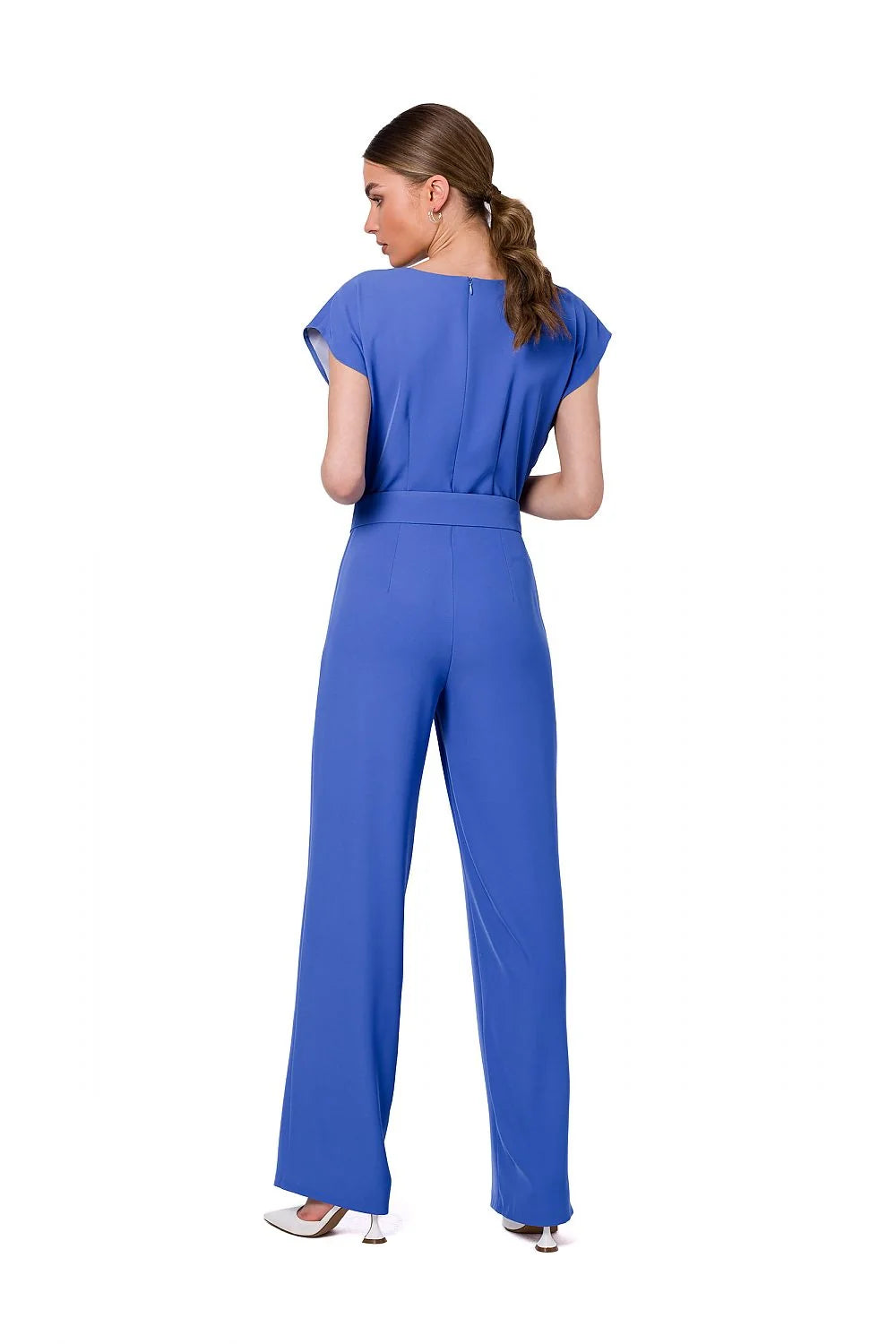combinaison fuchsia asymétrique élégante fluide ceinturée taillehaute palazzo jambes larges encolure ronde manches courtes découpe poitrine subtile tissu polyester elasthanne