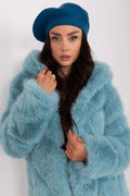 Manteau élégant pour femmes en matière imitation fourrure couleur bleu pâle coupe ample longueur mi-long manches bouffantes col large et doux