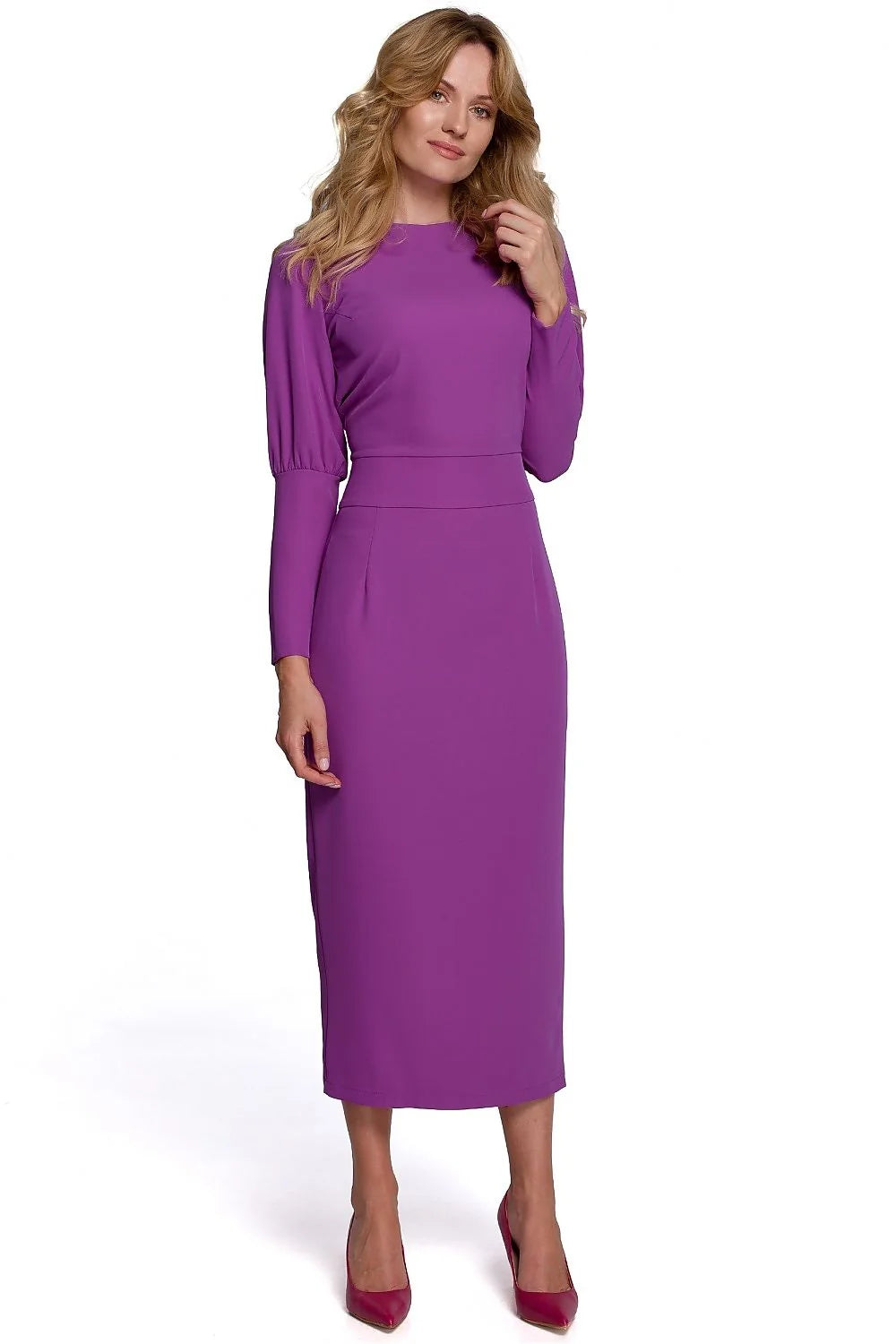 Robe midi polyester élégante violet vif manches longues ajustée classique style intemporel femmes