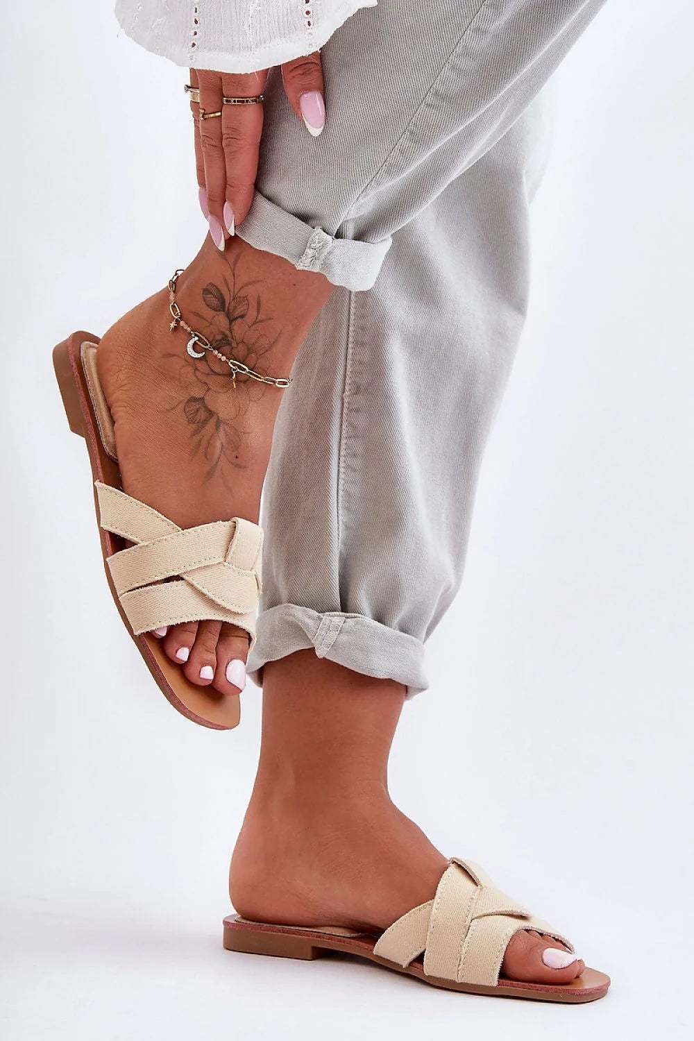 Sandales Femme Été Décontractées Talon Plat Lanières Croisées beige Crème Open Toe Floral Tattoo Ankle Strap set Size
