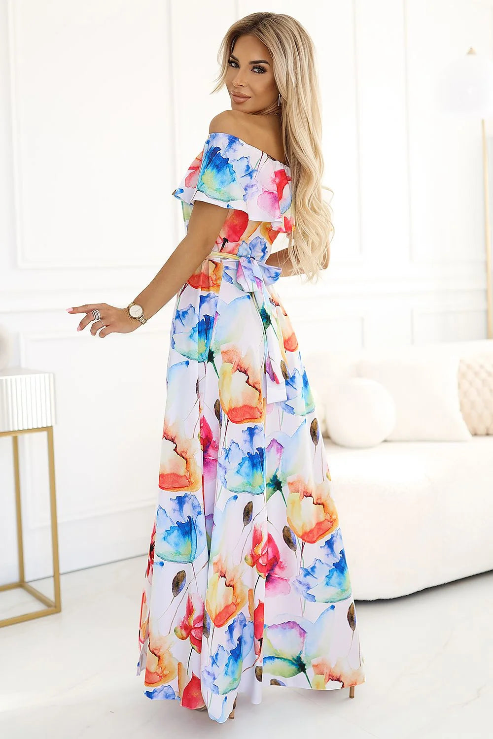 Robe de jour Numoco longue évasée fleurs colorées été Bardot épaules dégagées ceinture fente latérale polyester elasthanne femme