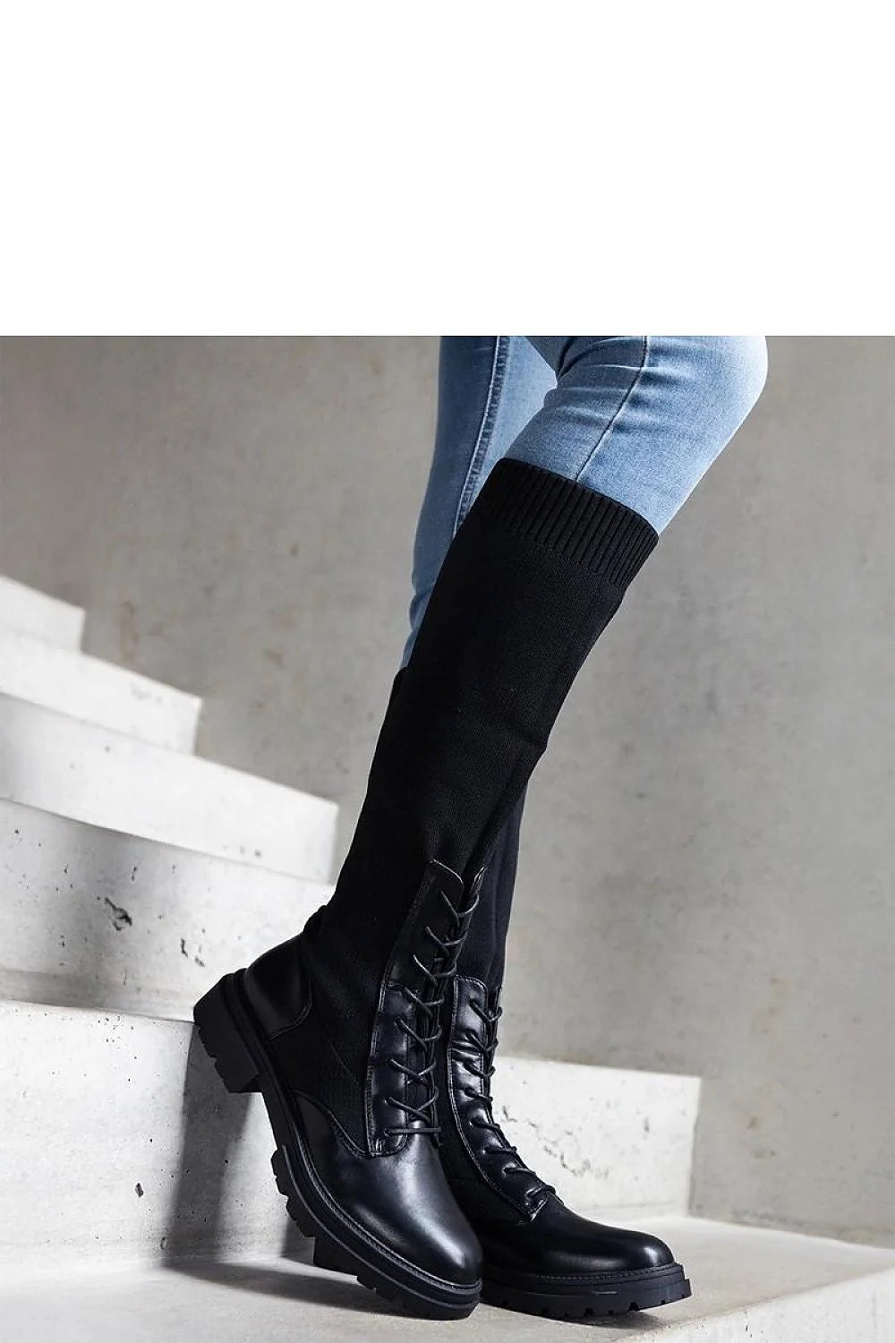 Bottes hautes mixte cuir tissu extensible noir style urbain moderne femmes lacets semelle caoutchouc