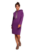 Robe femme mode décontractée capuche col montant imprimé léopard violet coton polyester confortable taille ajustable manches longues poche kangourou