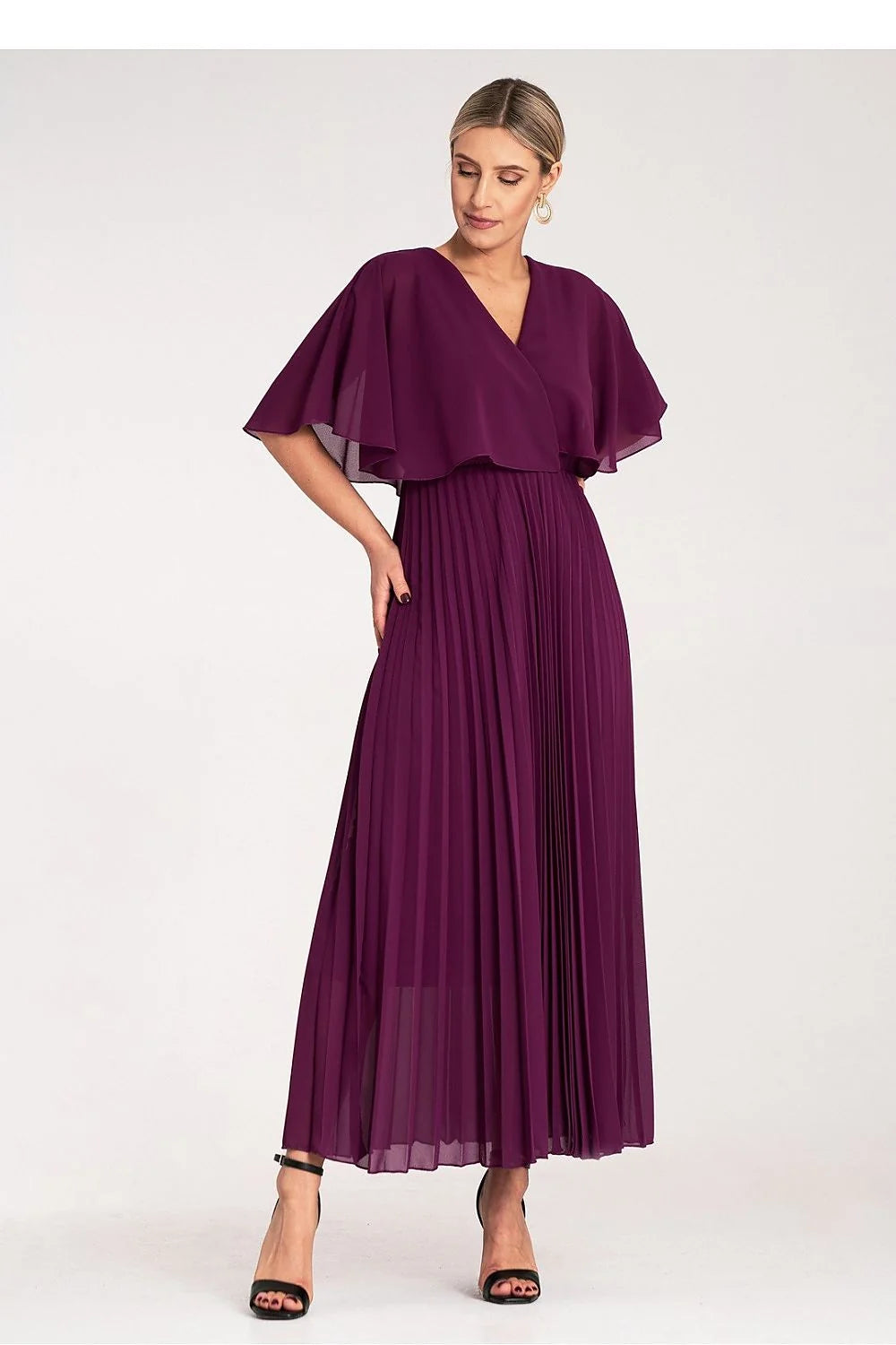 Robe de cocktail élégante longue manches amples col V prune tailles S/M polyester 100% viscose doublure femme
