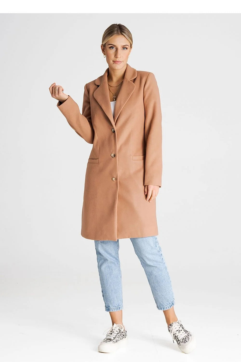 Manteau pour femme élégant longueur genou col matelassé boutons poches passepoilées laine acrylique polyester veste hiver