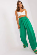 pantalon femme palazzo taille haute vert émeraude élastiquée paperbag lien ceinture noué coupe longue fluide tissu léger