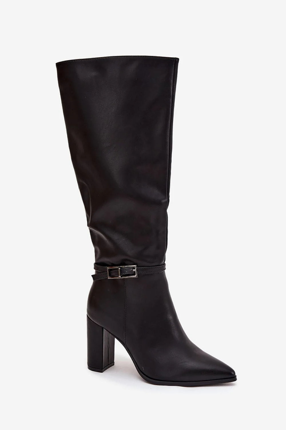 bottes montantes femme similicuir noir tige40cm taloncolonne hauteur9cm boutpointu doublurefourrure chaud confortable fermetureeclair brideboucle ajustée élégante urbaine