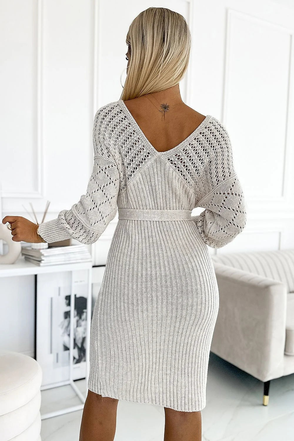 robe maille ajourée midi manches ballon col V ceinture nouée beige écru ajustée côtelée extensible douce élégante chic automne hiver