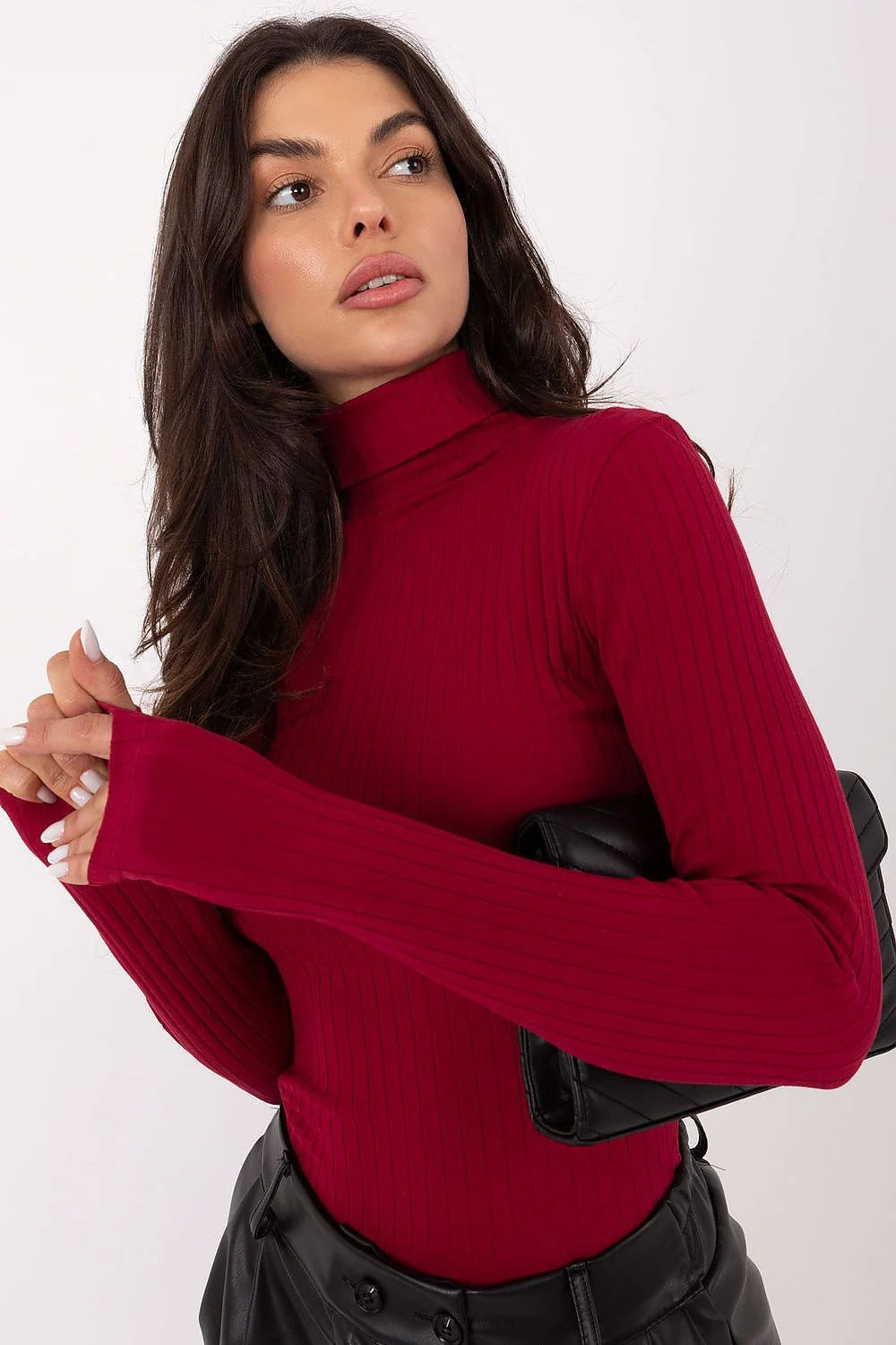 polo femme col montant côtelé bordeaux grenat maille tricotée coton élasthanne extensible ajusté manches longues cintré confortable intemporel