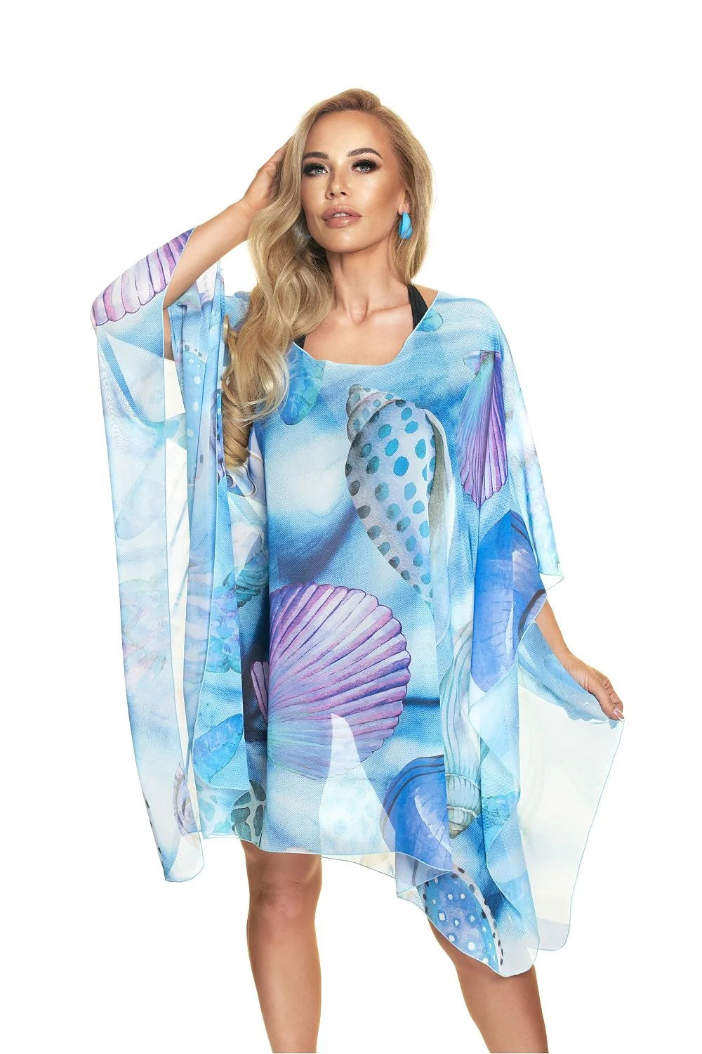 kaftan plage femme oversize manches larges mousseline polyester léger fluide respirant séchage rapide semitransparent imprimé marin coquillages turquoise élégant vacances
