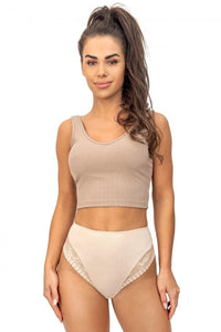 culotte viscose taille haute beige dentelle florale empiècements jersey doux stretch élasthanne maintien léger silhouette galbée finition lisse invisible confort