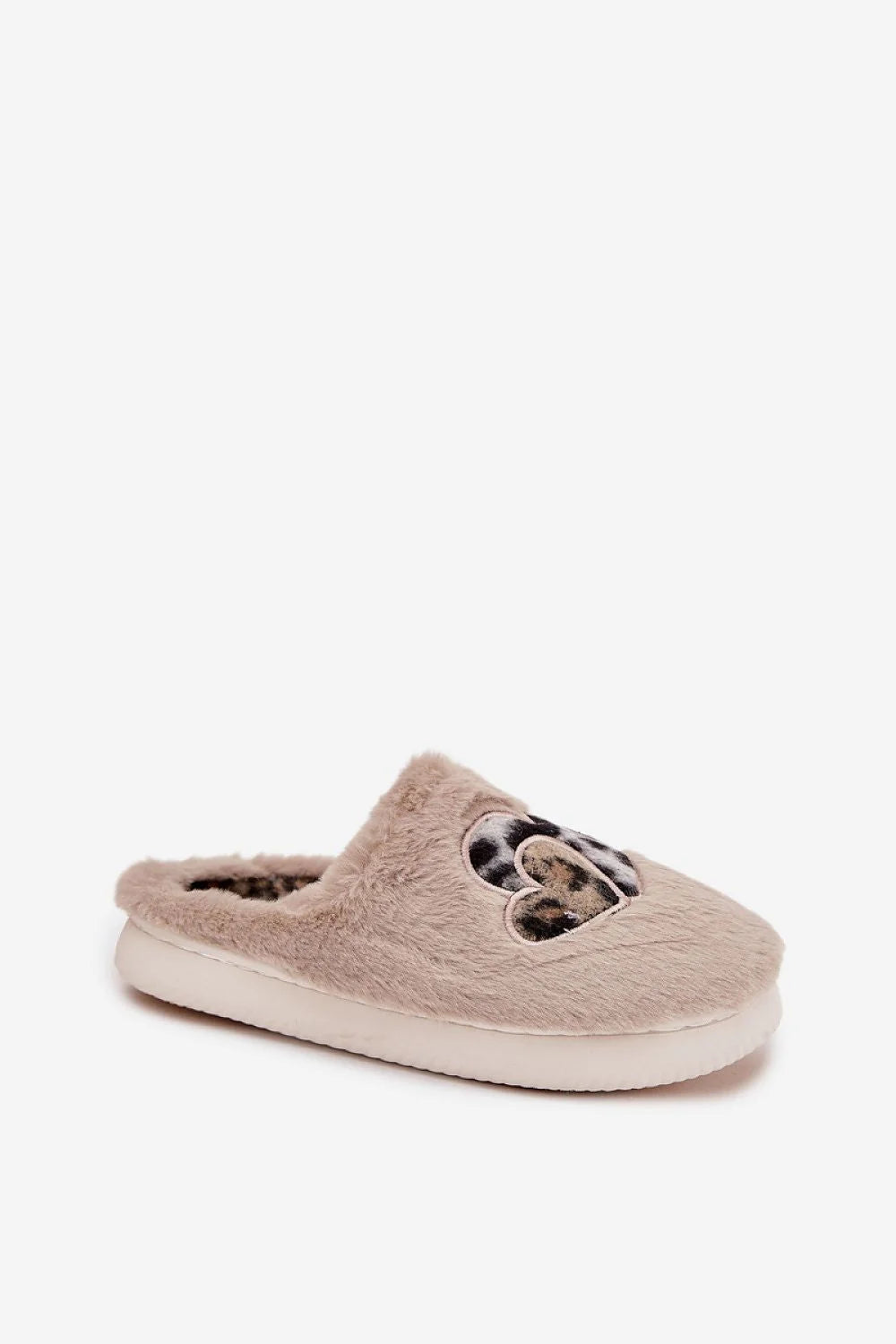 pantoufles mules femme fausse fourrure beige taupe bout fermé semelle blanche épaisse moelleuse chaude confortable cœurs léopard superposés cosy détente