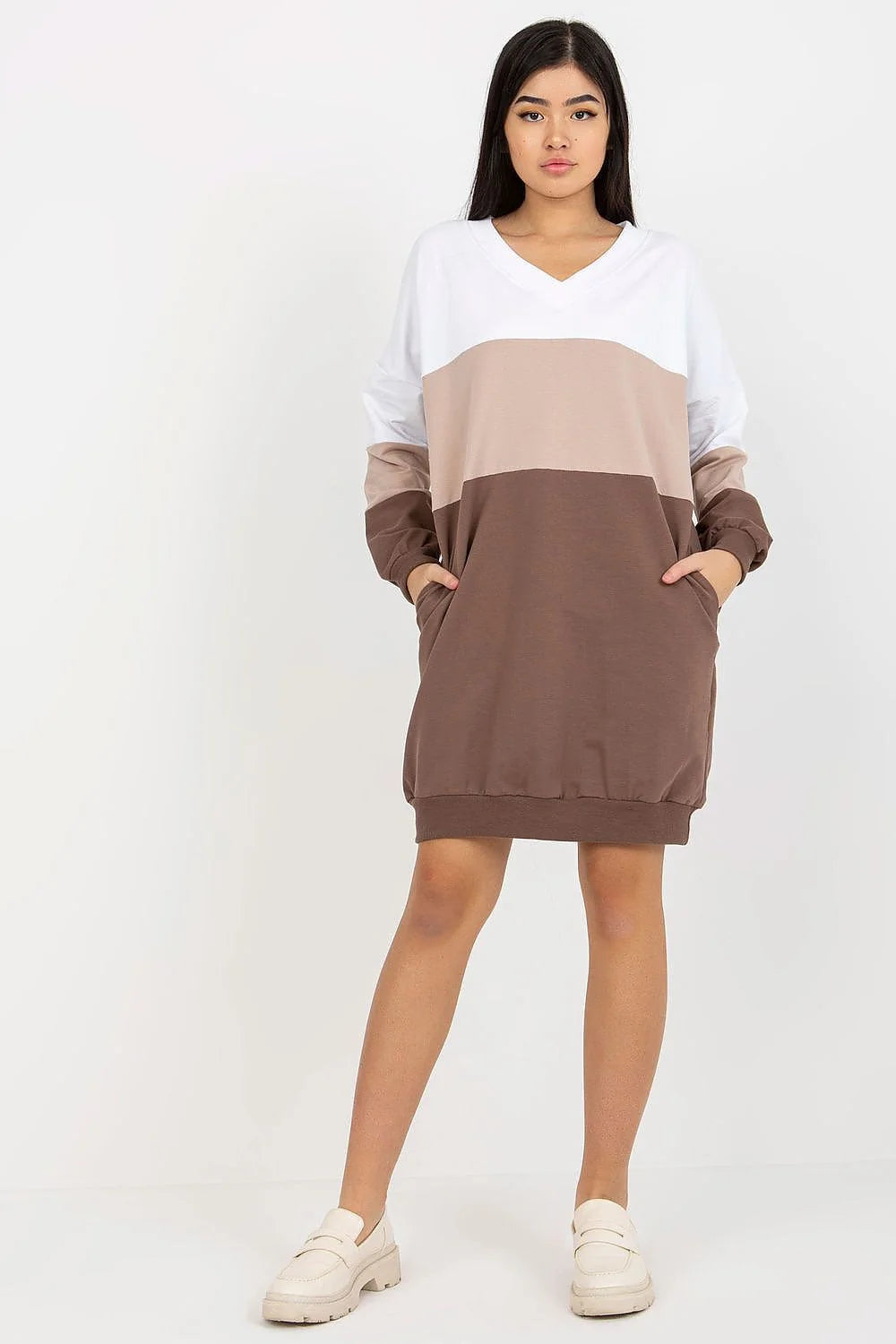 Robe décontractée moderne Rue Paris manches longues encolure cœur tricolore coton élasthanne femmes occasion quotidienne