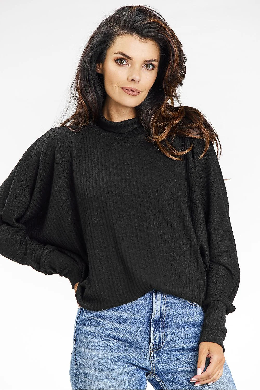 Pull à col roulé maille côtelée noir ample femmes automne hiver confort style moderne manches kimono élégance