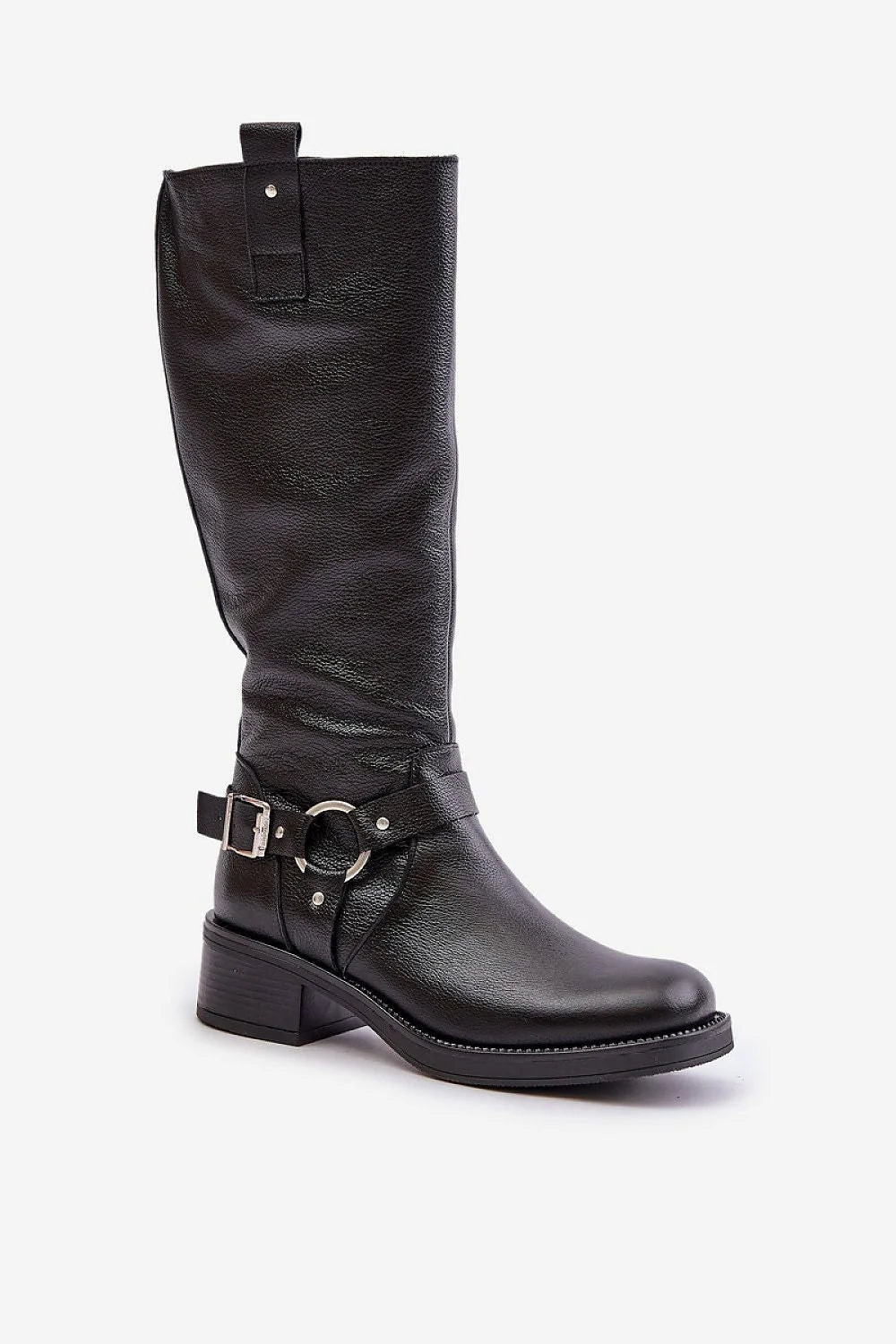 Bottes cuissardes cavalier en cuir noir lisse, style élégant, boucle métal argenté, fermeture éclair latérale, femmes