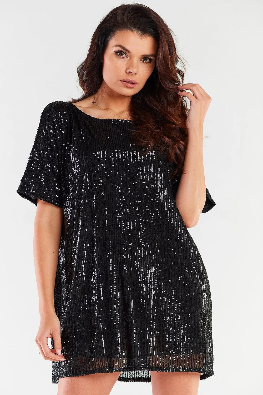 Robe de soirée scintillante rose métallisé sequins coupe ample manches courtes col rond femme