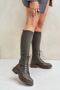 bottes cuissardes femme kaki cuir écologique textile maille élastique lacets bout rond doublure peluche semelle crantée antidérapante