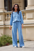 Blouse et pantalon assorti femme bleu pastel manches longues coupe ample décontracté élégant taille élastique printemps-été