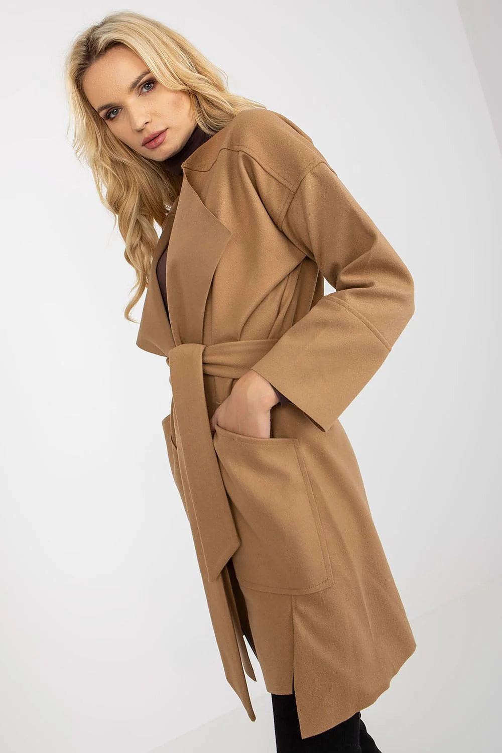 Manteau Och Bella pour femme style élégant moderne coupe structurée ceinture ajustable manches longues poches latérales beige polyester