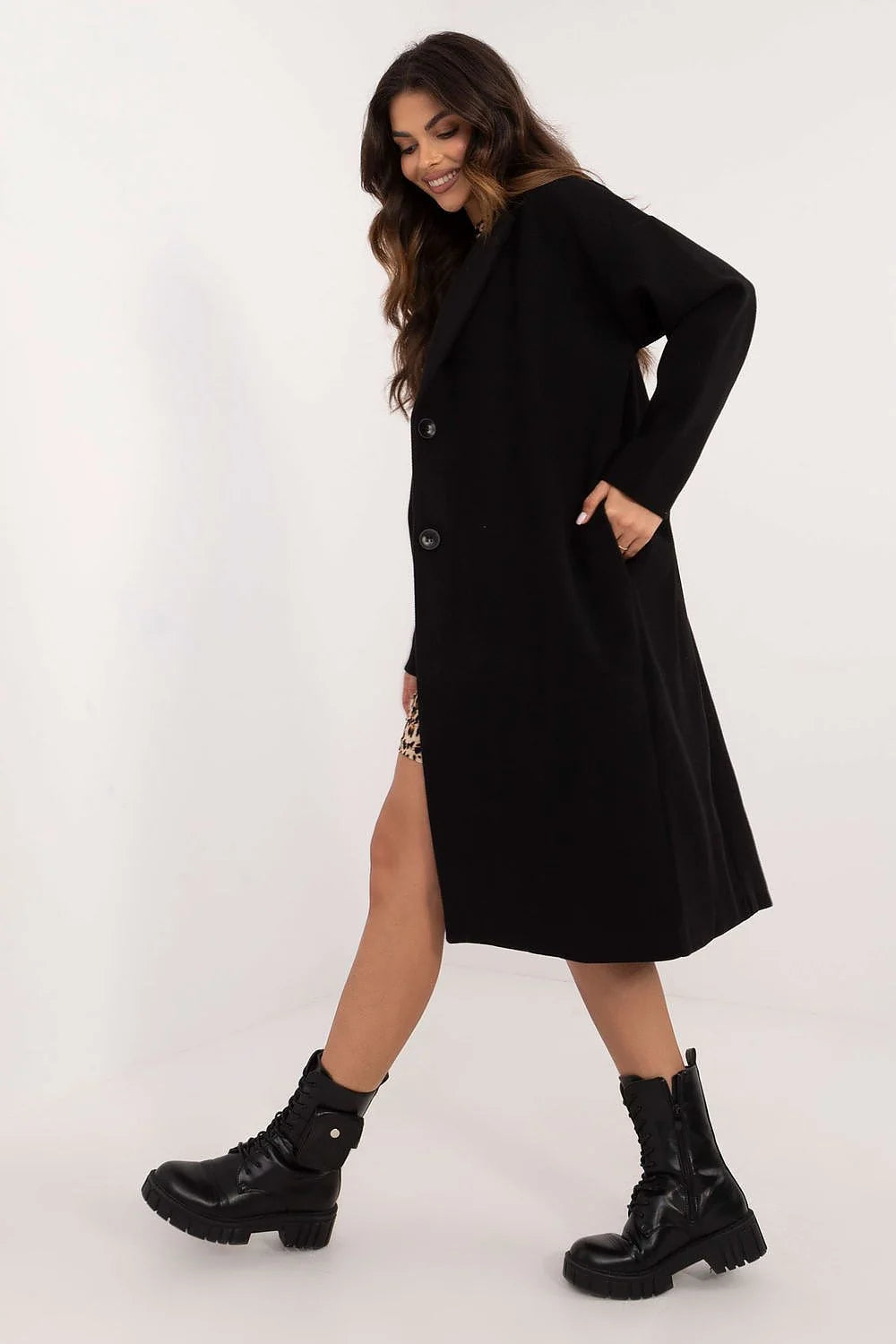 Manteau Och Bella long intemporel noir en polyester haute qualité coupe classique boutons simples doublure confortable
