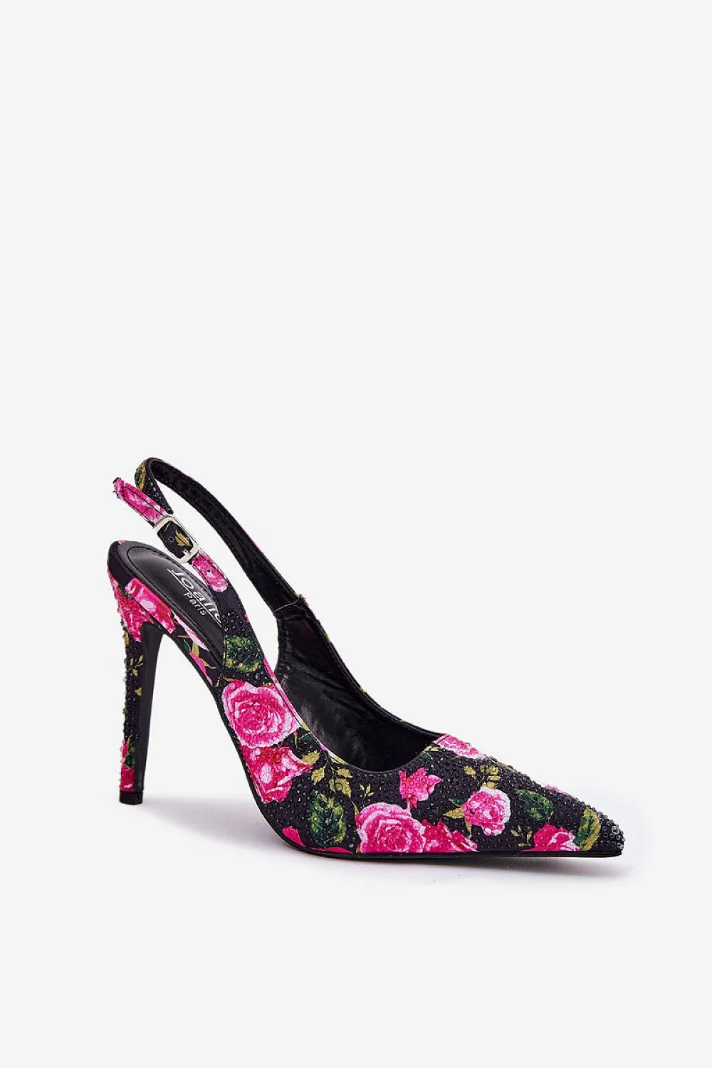 sandales talons hauts motif floral roses fond noir bout pointu slingback bride cheville fins satiné texturé coutures discrètes confortables élégantes