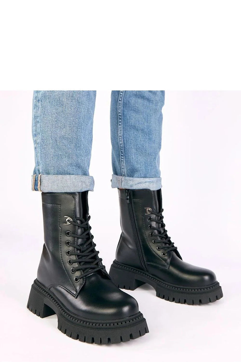 bottines montantes femme cuir écologique noir lisse bout rond semelle plateforme 5cm talon bloc crantée lacets zip intérieur rembourrage doux