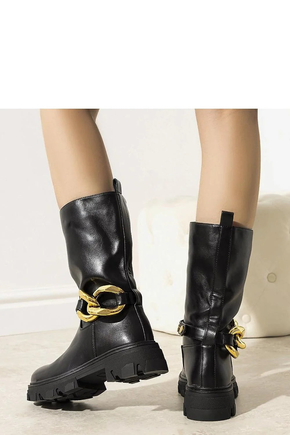 Bottes mi-hautes femmes cuir noir doré anneau métallique design moderne tendance automne hiver semelle épaisse fourrure intérieure