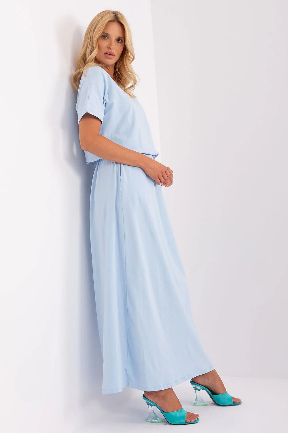 Robe de jour Relevance : Robe maxi été bleu clair coton élasthanne manches courtes encolure ronde taille ajustable femme