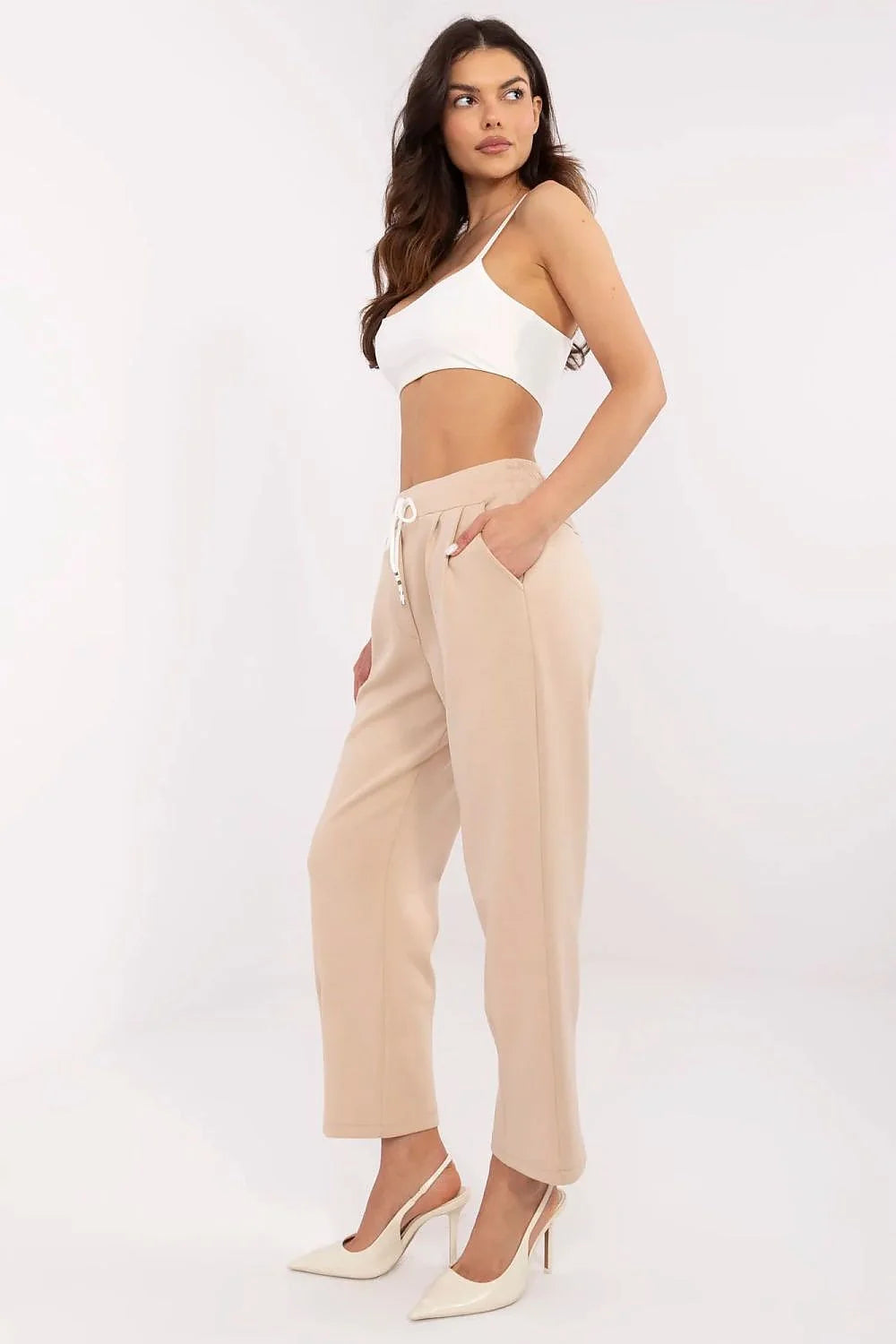 Pantalon survêtement Italy Moda ensemble crop top blanc beige high waist élasthanne polyester coton féminin mode élégant décontracté