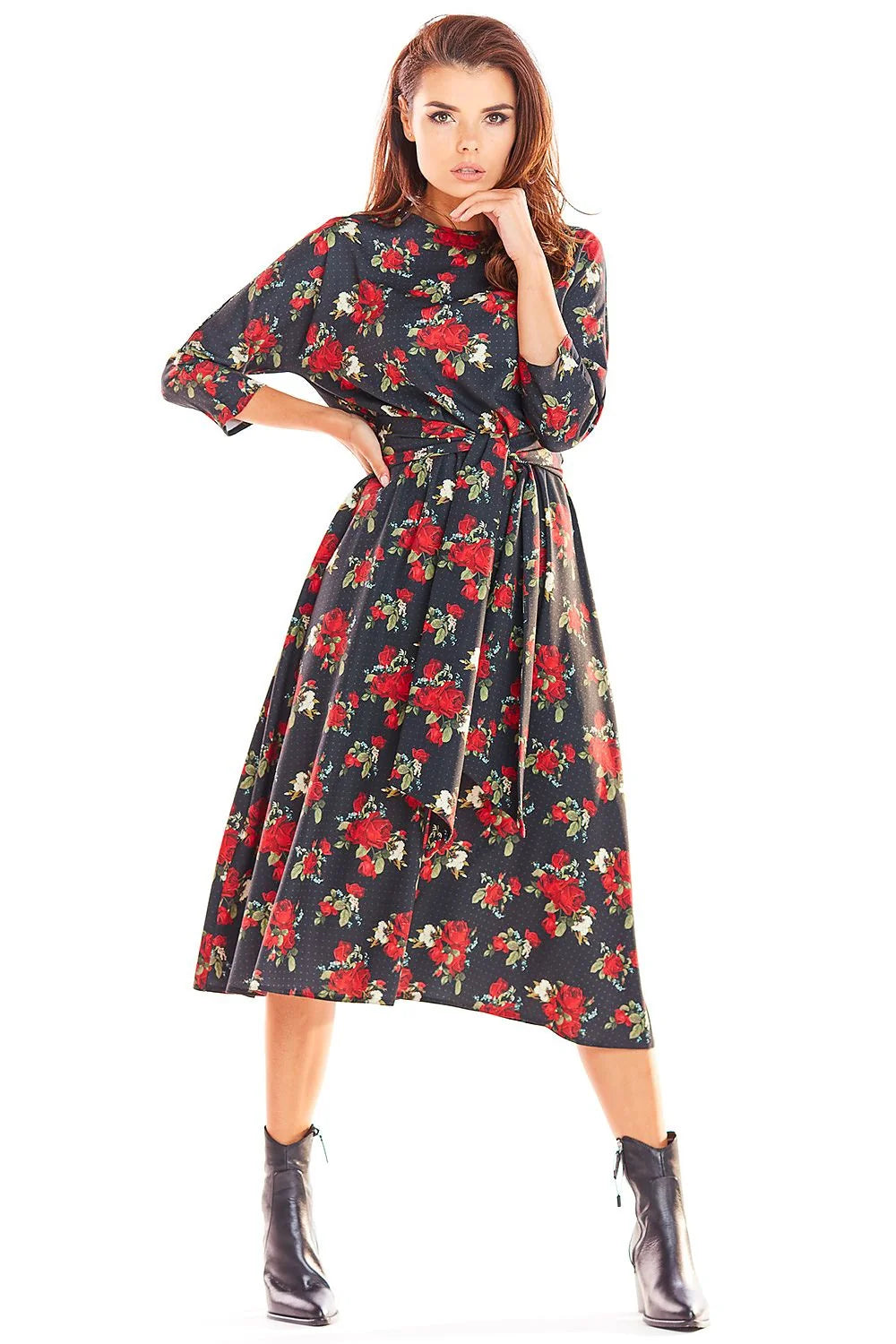 Robe longue polyester imprimé tropical élégante fluide ceinture à nouer manches trois-quarts pour femme moderne