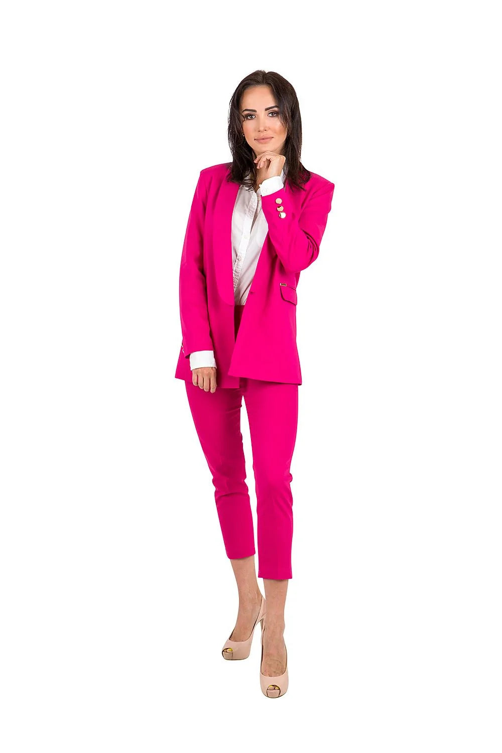 Veste et pantalon tailleur pour femme style professionnel élégant rose pâle matière légère extensible