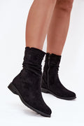 bottines femme suédine écologique noir décontractées froncées plissées tige bout rond fermeture éclair latérale talon plat semelle antidérapante