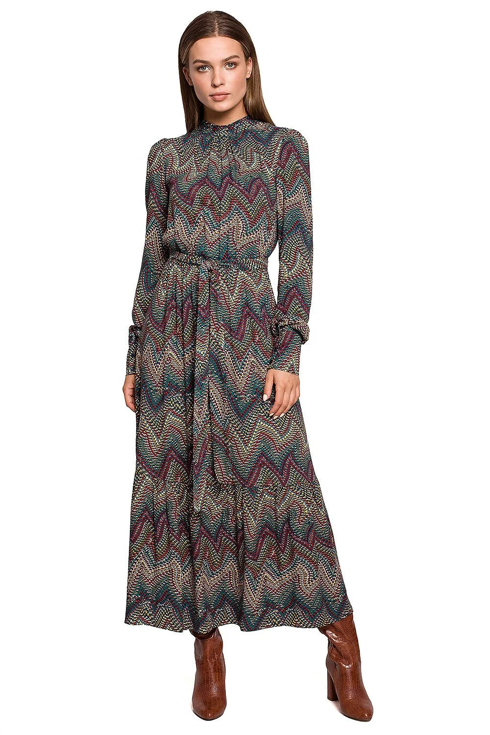 Robe longue viscose bohème élégante multicolore motifs géométriques automne hiver manches longues femme