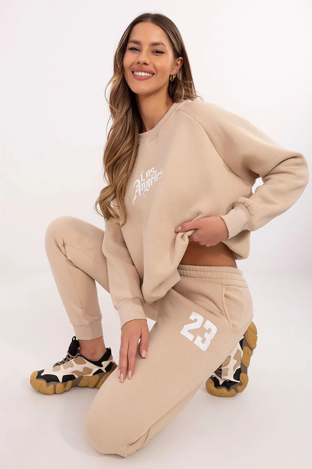Ensemble de survêtement femme style décontracté Los Angeles 23 beige coton polyester ajusté confortable