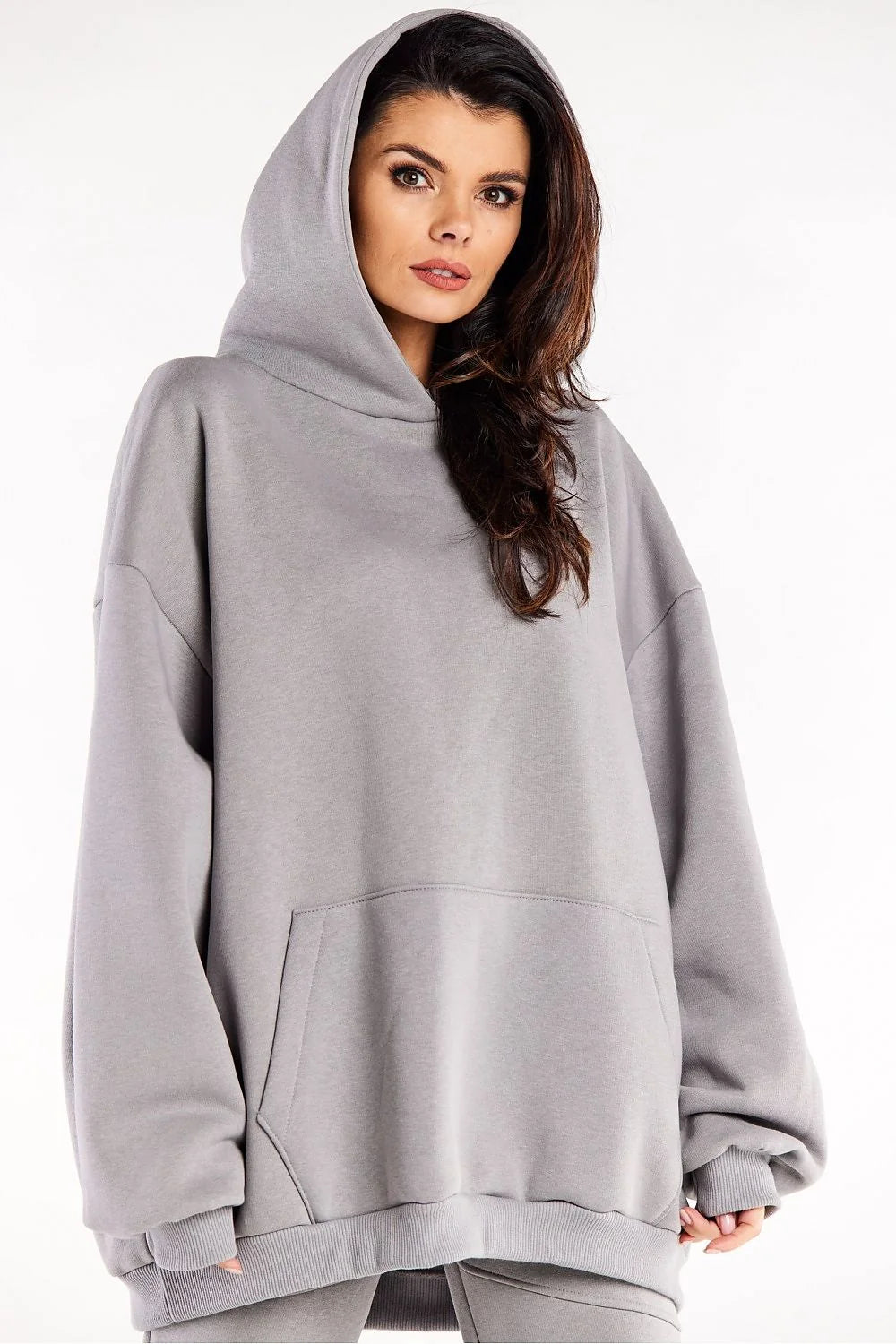 Sweatshirt femme oversize à capuche manches longues poche kangourou gris doux 95% coton élasthanne taille universelle style moderne relaxé