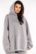 Sweatshirt femme oversize à capuche manches longues poche kangourou gris doux 95% coton élasthanne taille universelle style moderne relaxé