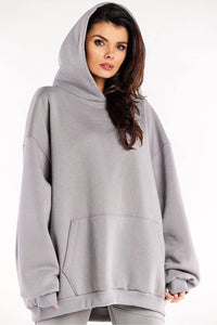 Sweatshirt femme oversize à capuche manches longues poche kangourou gris doux 95% coton élasthanne taille universelle style moderne relaxé