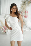 robe courte blanche asymétrique épaule unique volant volumineux jupe mini drapée cintrée tissu structuré doublée maintien stretch confortable élégante glamour