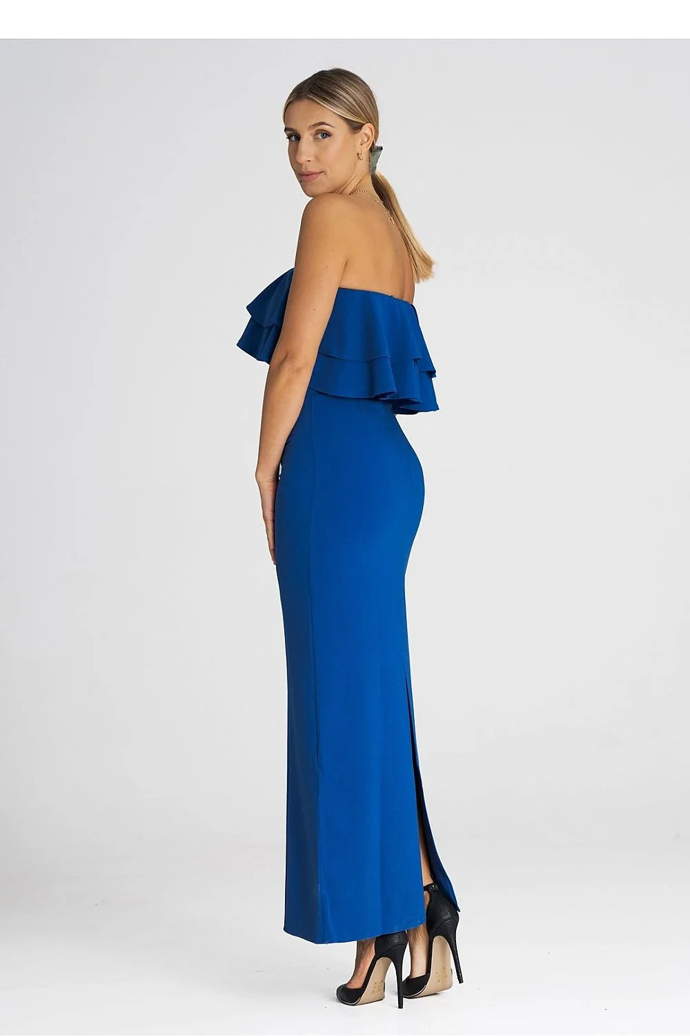 Robe de cocktail élégante longue sans manches volants double encolure bleu vif femmes occasion spéciale