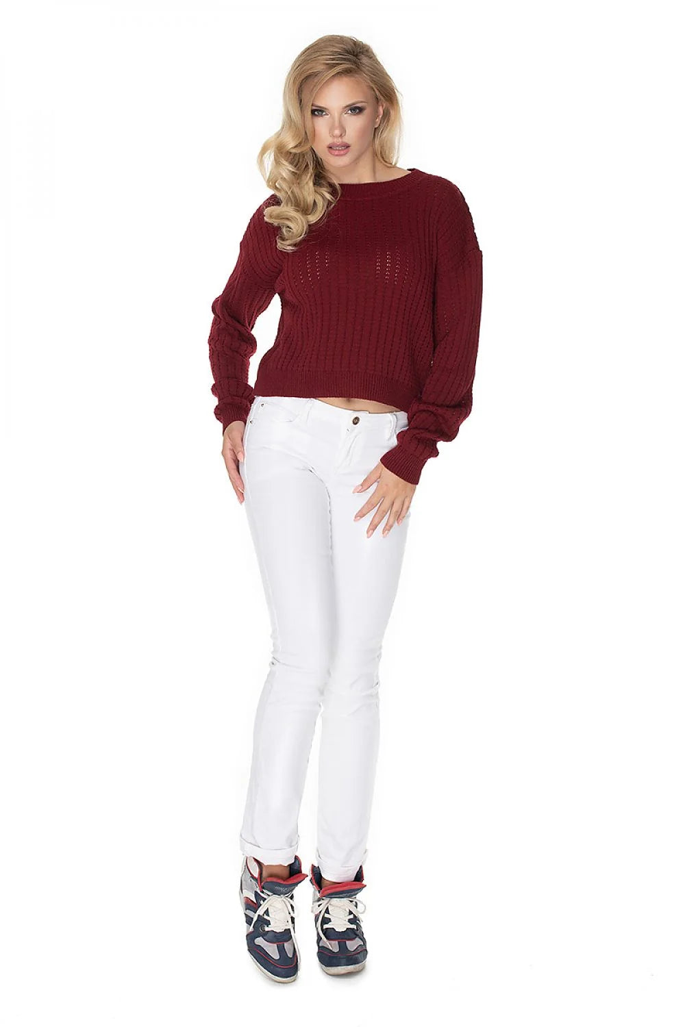 Pull femme en tricot acrylique bordeaux, style élégant, décontracté, automne, hiver, manches longues, col rond