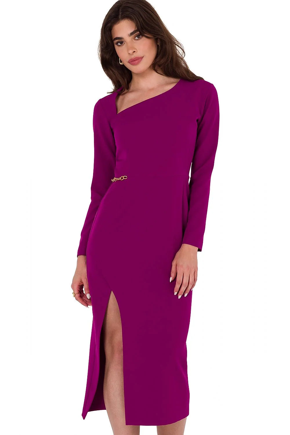 Robe de soirée Makover élégante longueur midi manches longues encolure asymétrique fente devant chaîne dorée femme